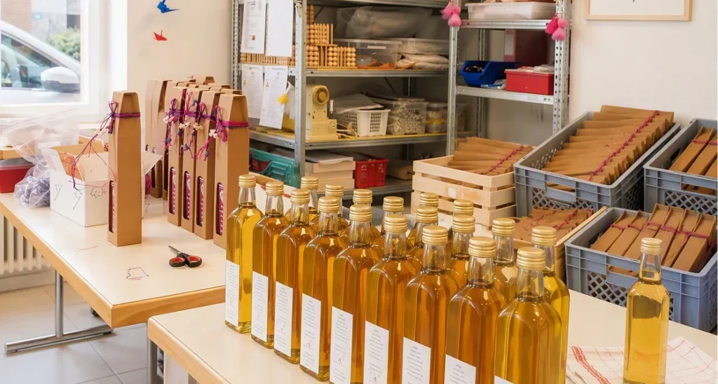 Reihe abgefüllter Flaschen mit goldgelber Flüssigkeit im Lager